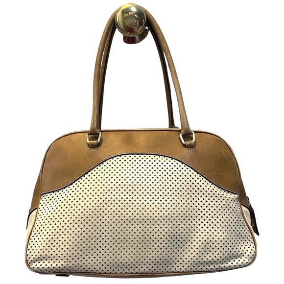 Prada Vitello Drive Bowling Bag Perforated Cream Tan Leather Bag - Picture 3 of 16
